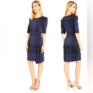 BETSY JOHNSON Women’s Blue/Gray Short Sleeve 6 Plaid Dress Split Hem NWT